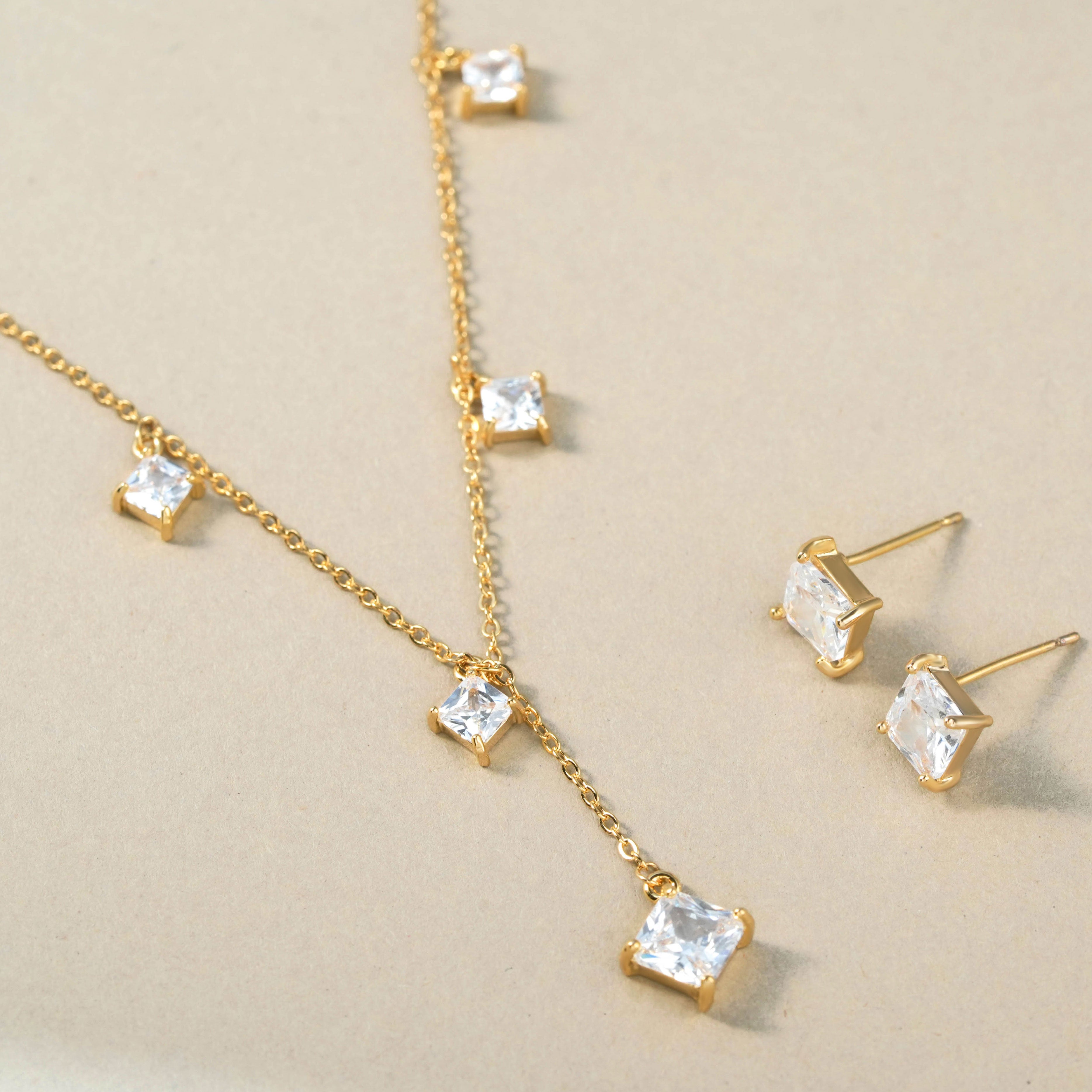 Anti-Tarnish Stainless-Steel Square Geometric Charms Necklace With Earrings