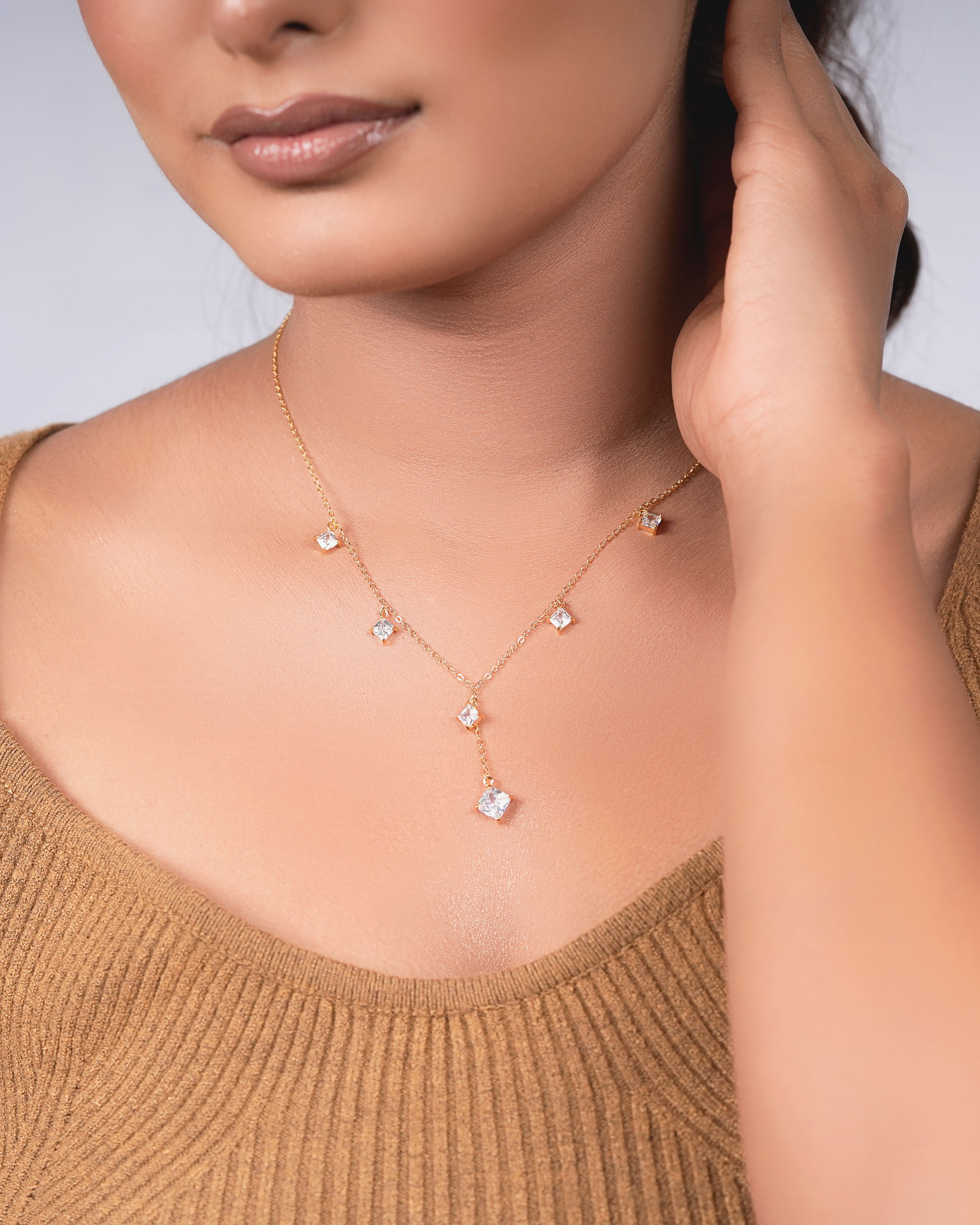Anti-Tarnish Stainless-Steel Square Geometric Charms Necklace With Earrings