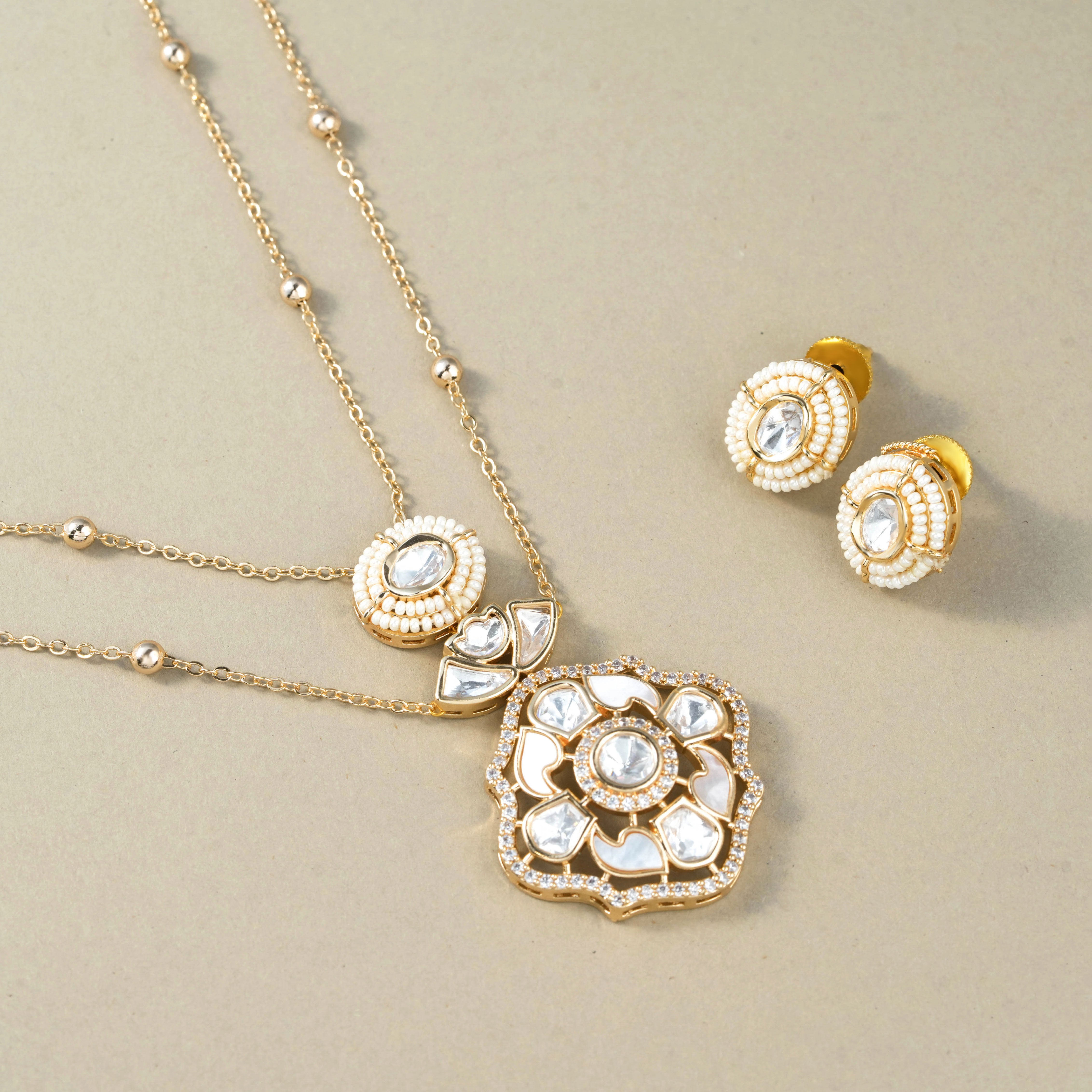Gold Polish Full Stone Desing Necklace With Earrings
