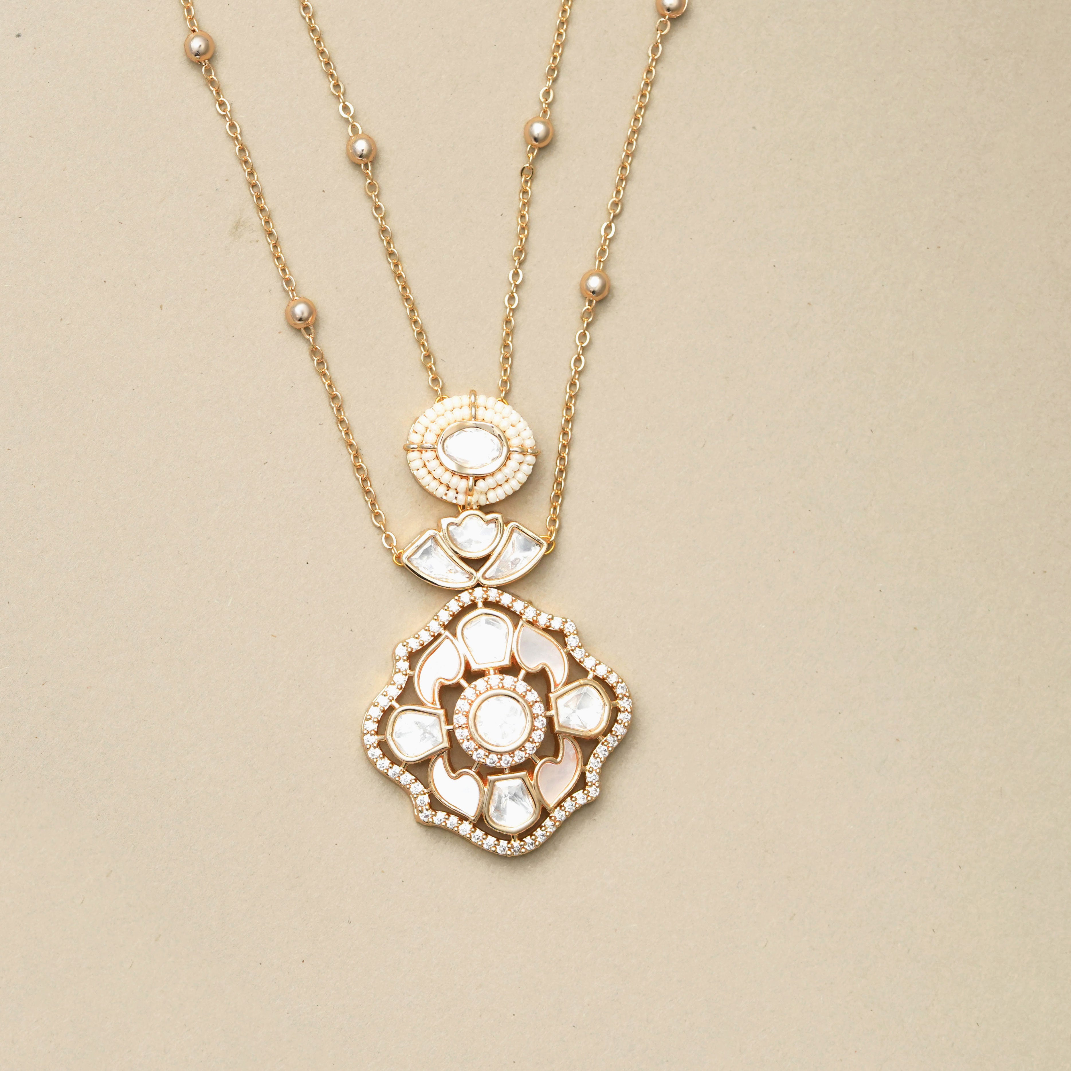Gold Polish Full Stone Desing Necklace With Earrings