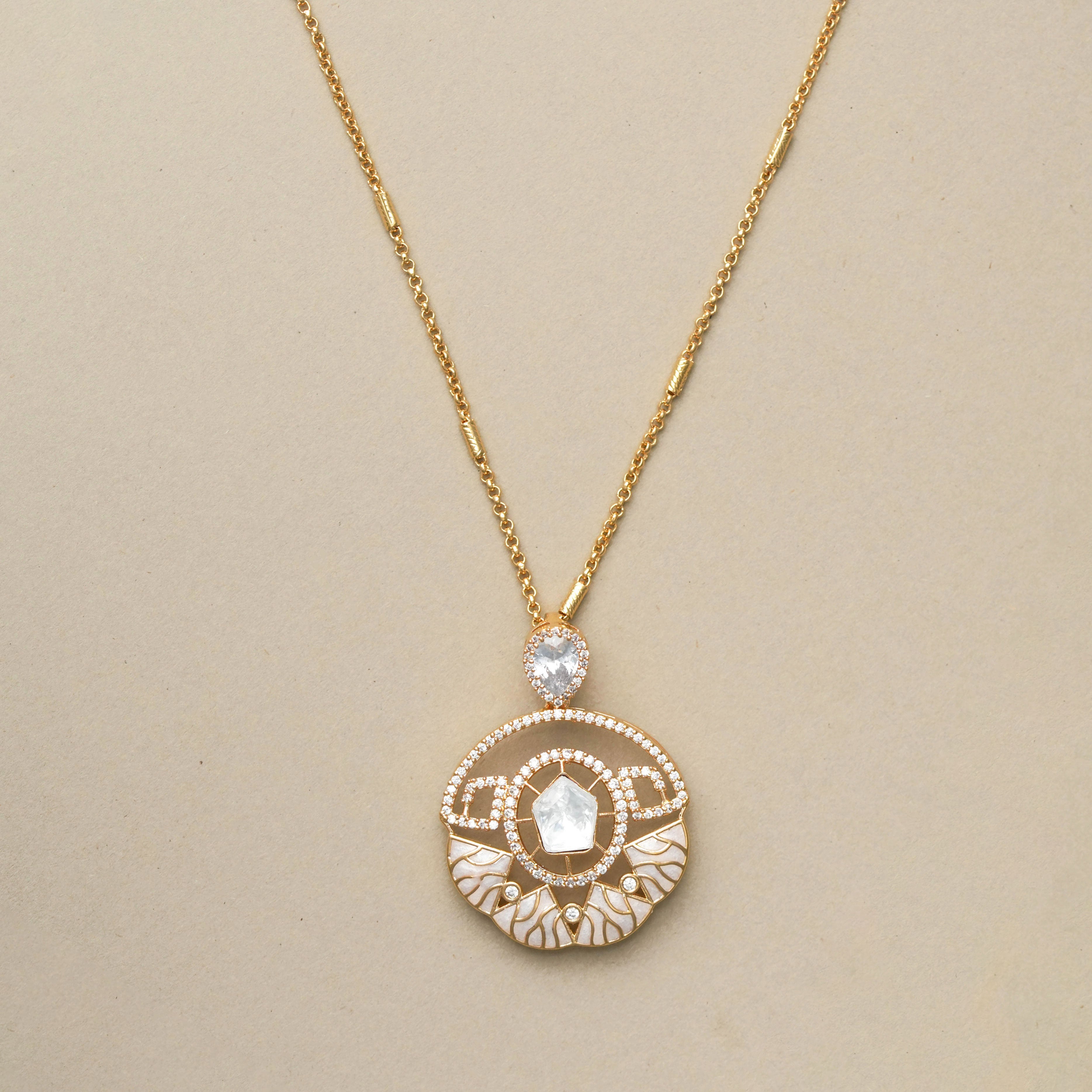 Diamond Round Studded Stone Design Necklace With Earrings