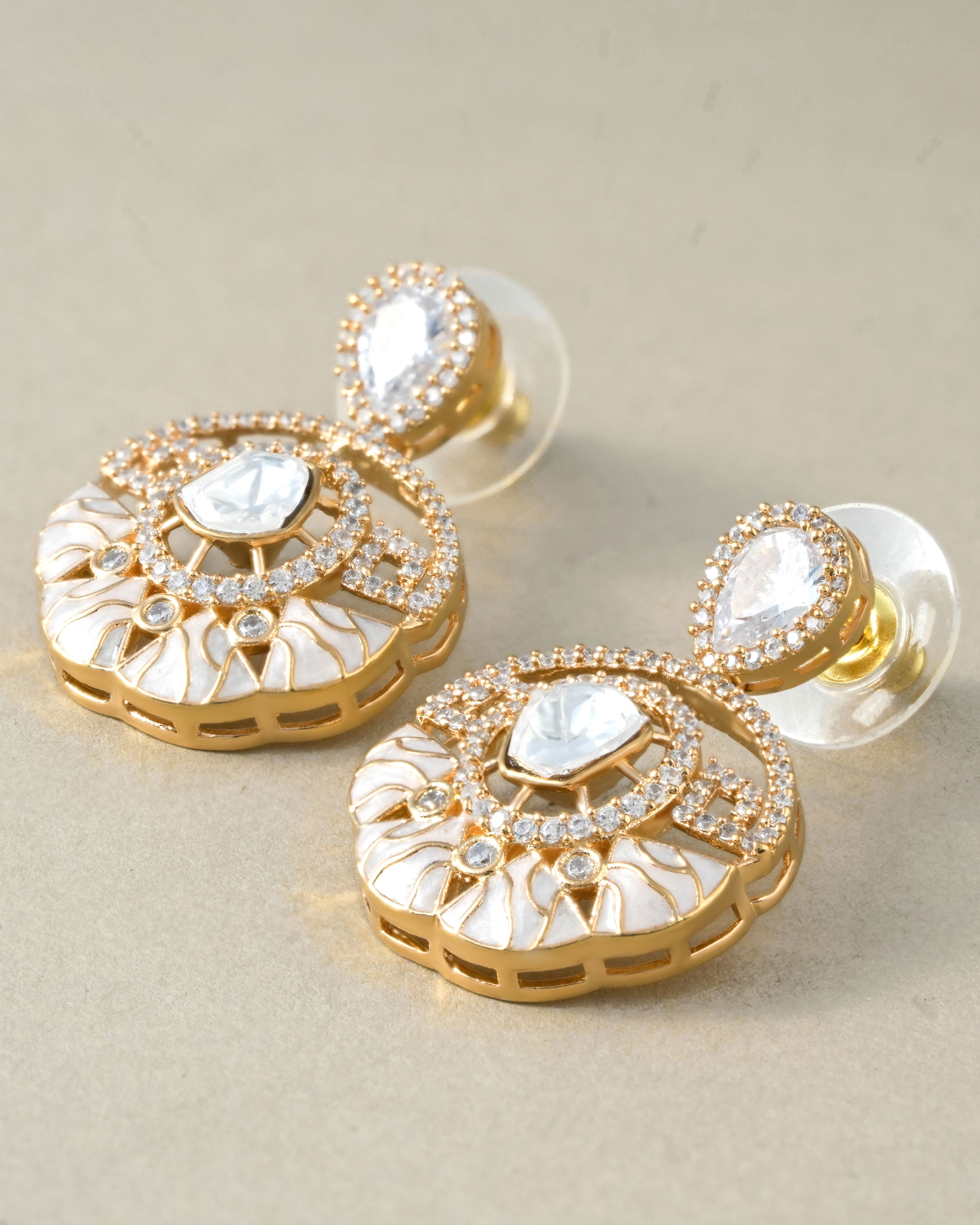 Diamond Round Studded Stone Design Necklace With Earrings
