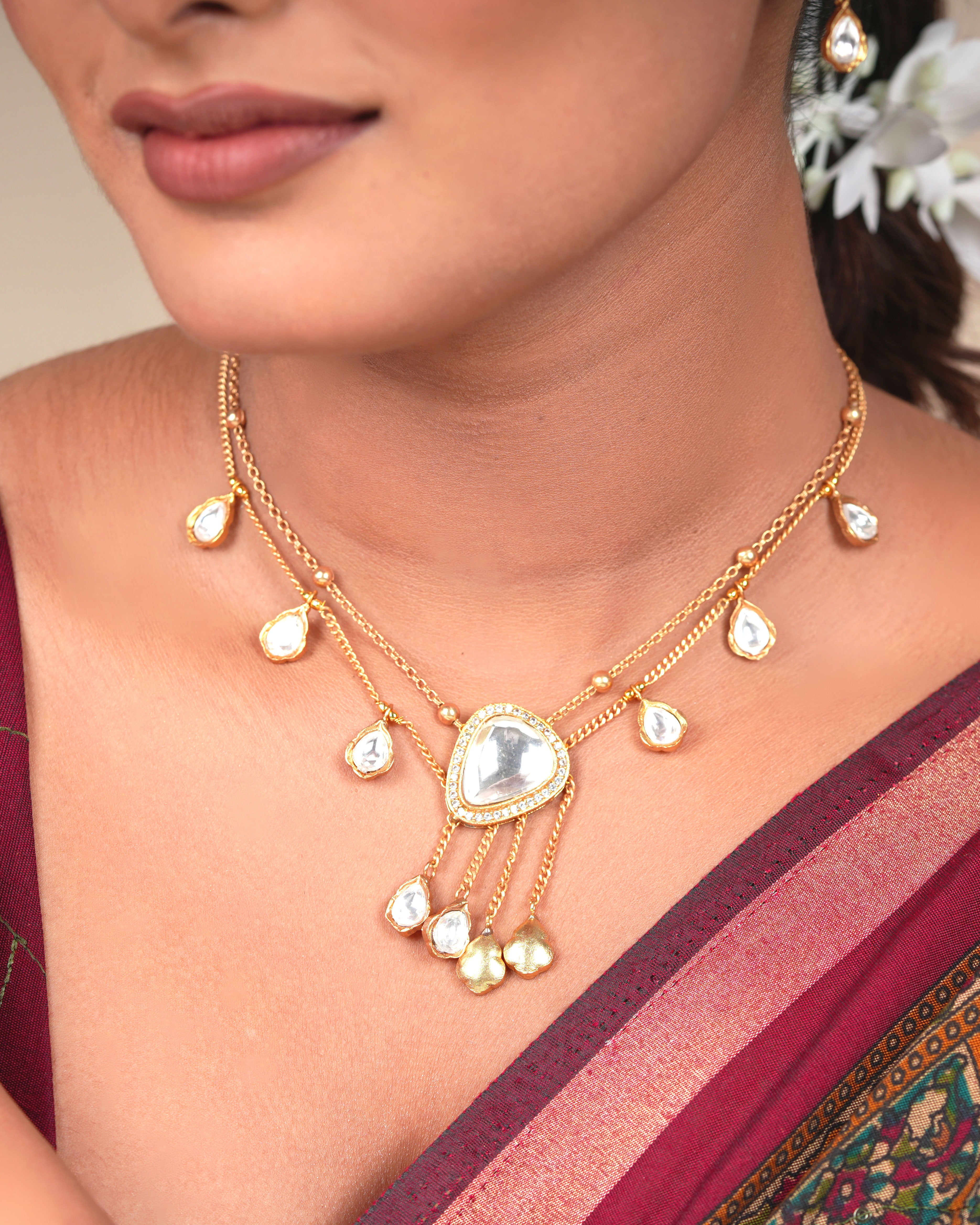 Kundan-Studded Earrings & Necklace Jewellery Set