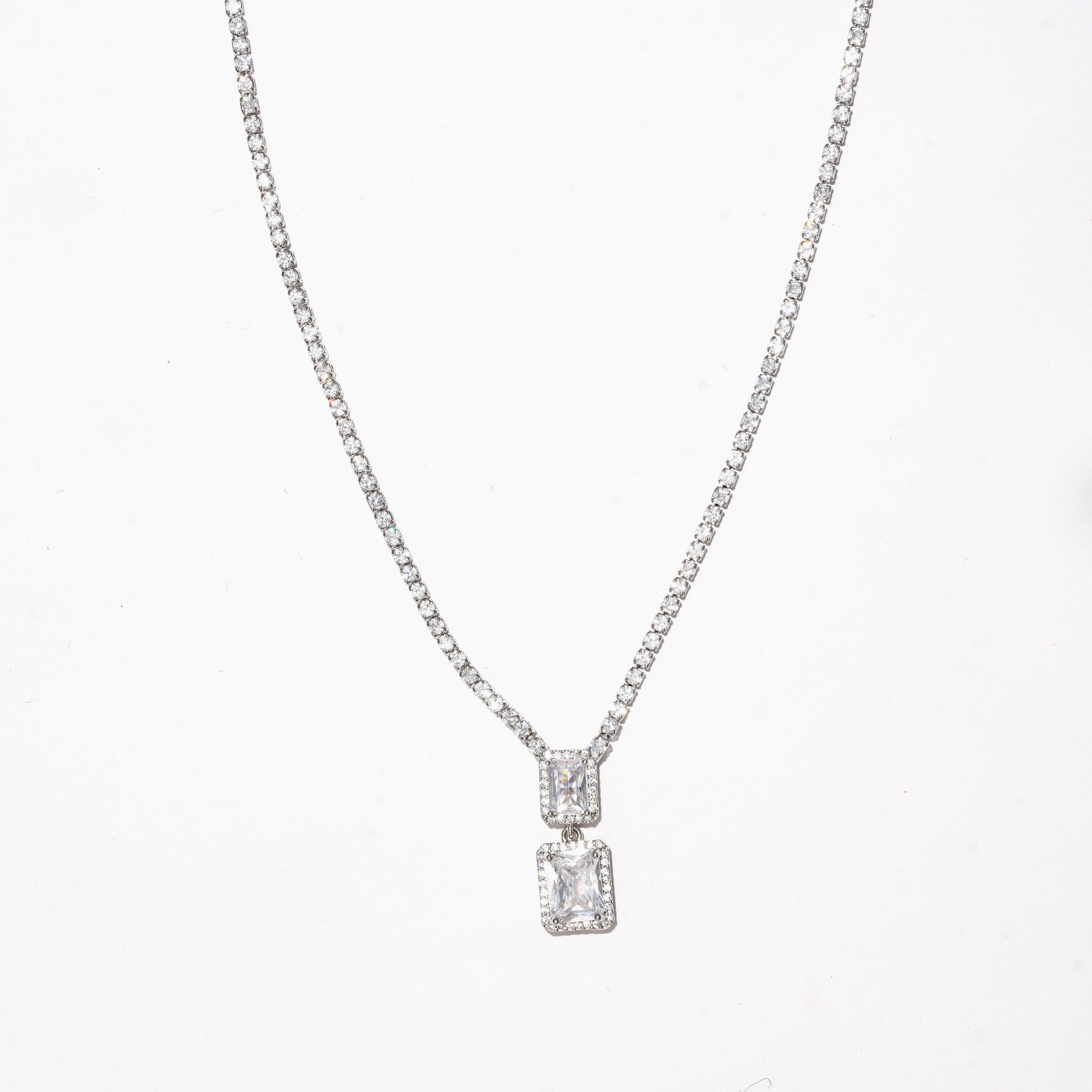 Brass Silver Plated Diamond Earrings & Necklace Set